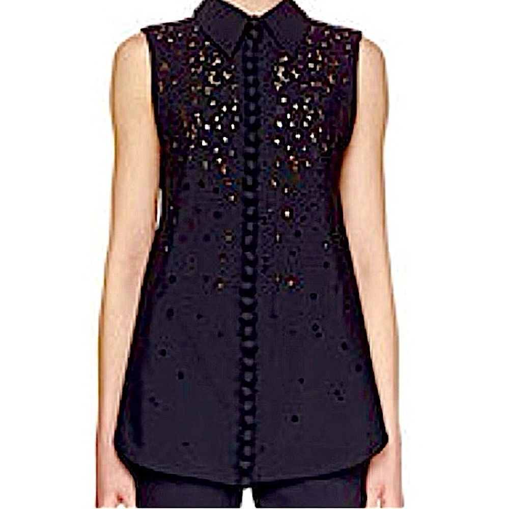 PROENZA Schouler Embroidered Button Down Blouse Size 6 Cut Out Tie Back Tunic